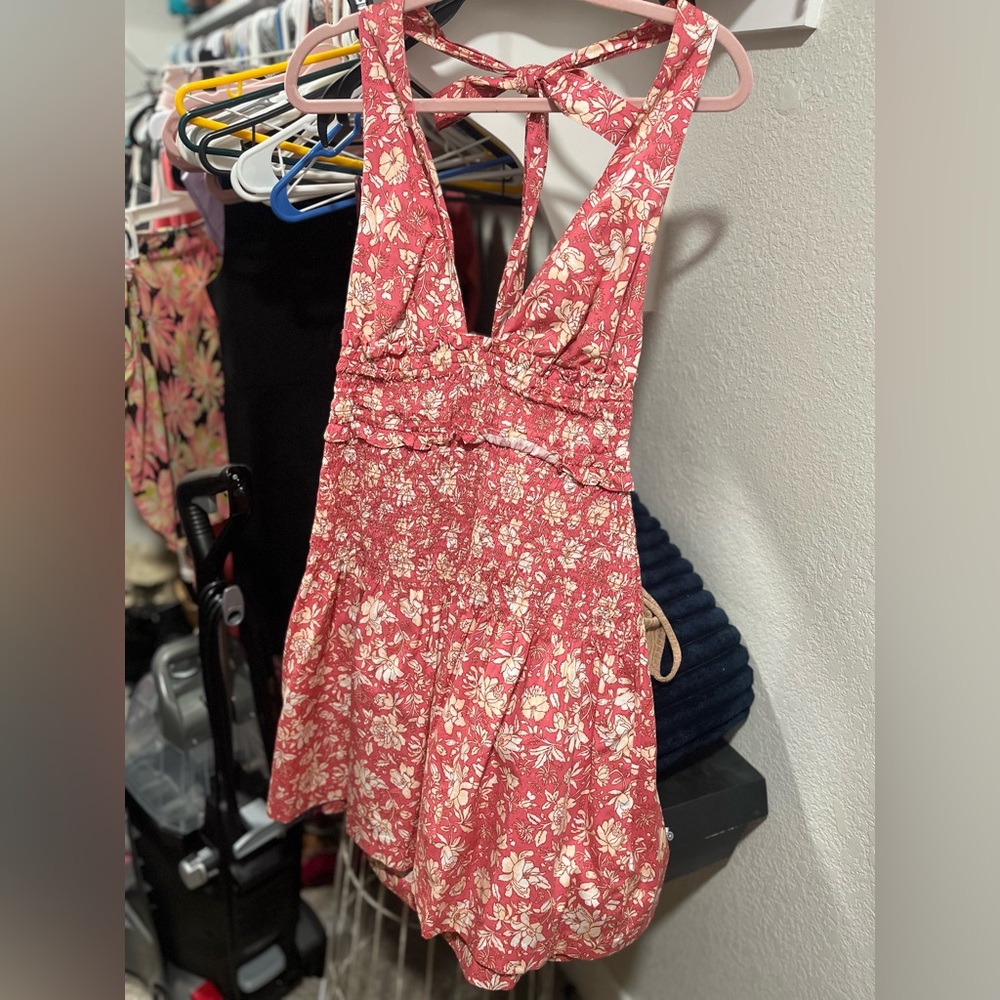 J. Crew Red and Cream Floral Halter Dress